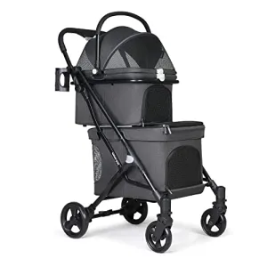 Beberoad Pets T1 Double Pet Stroller for 2 Small Dogs or Cats Lightweight Foldable Double Dog Stroller with Detachable Carrier for Travel Camping (Black)