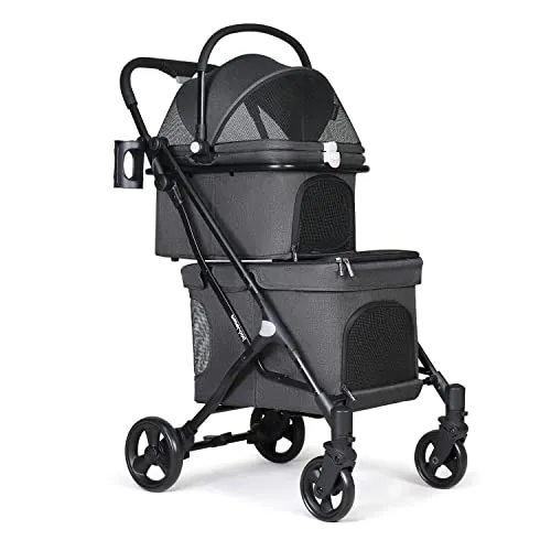 Beberoad Pets T1 Double Pet Stroller for 2 Small Dogs or Cats Lightweight Foldable Double Dog Stroller with Detachable Carrier for Travel Camping (Black)