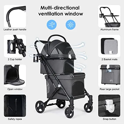 Beberoad Pets T1 Double Pet Stroller for 2 Small Dogs or Cats Lightweight Foldable Double Dog Stroller with Detachable Carrier for Travel Camping (Black)