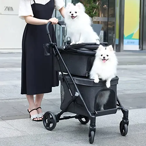Beberoad Pets T1 Double Pet Stroller for 2 Small Dogs or Cats Lightweight Foldable Double Dog Stroller with Detachable Carrier for Travel Camping (Black)
