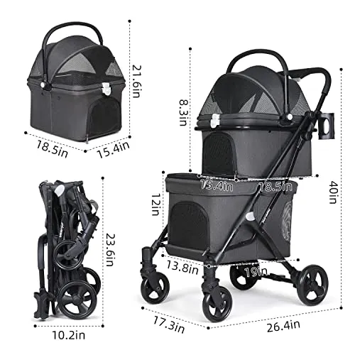 Beberoad Pets T1 Double Pet Stroller for 2 Small Dogs or Cats Lightweight Foldable Double Dog Stroller with Detachable Carrier for Travel Camping (Black)