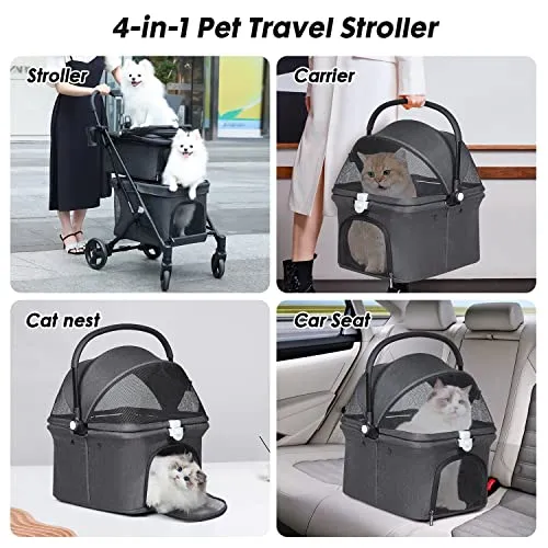 Beberoad Pets T1 Double Pet Stroller for 2 Small Dogs or Cats Lightweight Foldable Double Dog Stroller with Detachable Carrier for Travel Camping (Black)