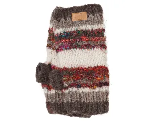 Boho Hand Warmers, Texting mittens, Wool Hand Warmers, striped wool and silk, Fleece lined inside