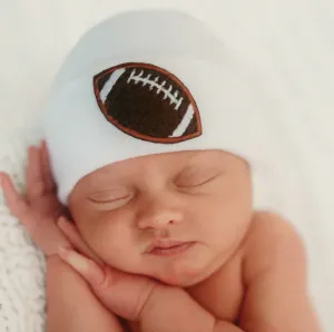 Hike Football Sports Newborn Boy Hospital Hat - White Hospital Hat Newborn Boy- Brown Football Patch