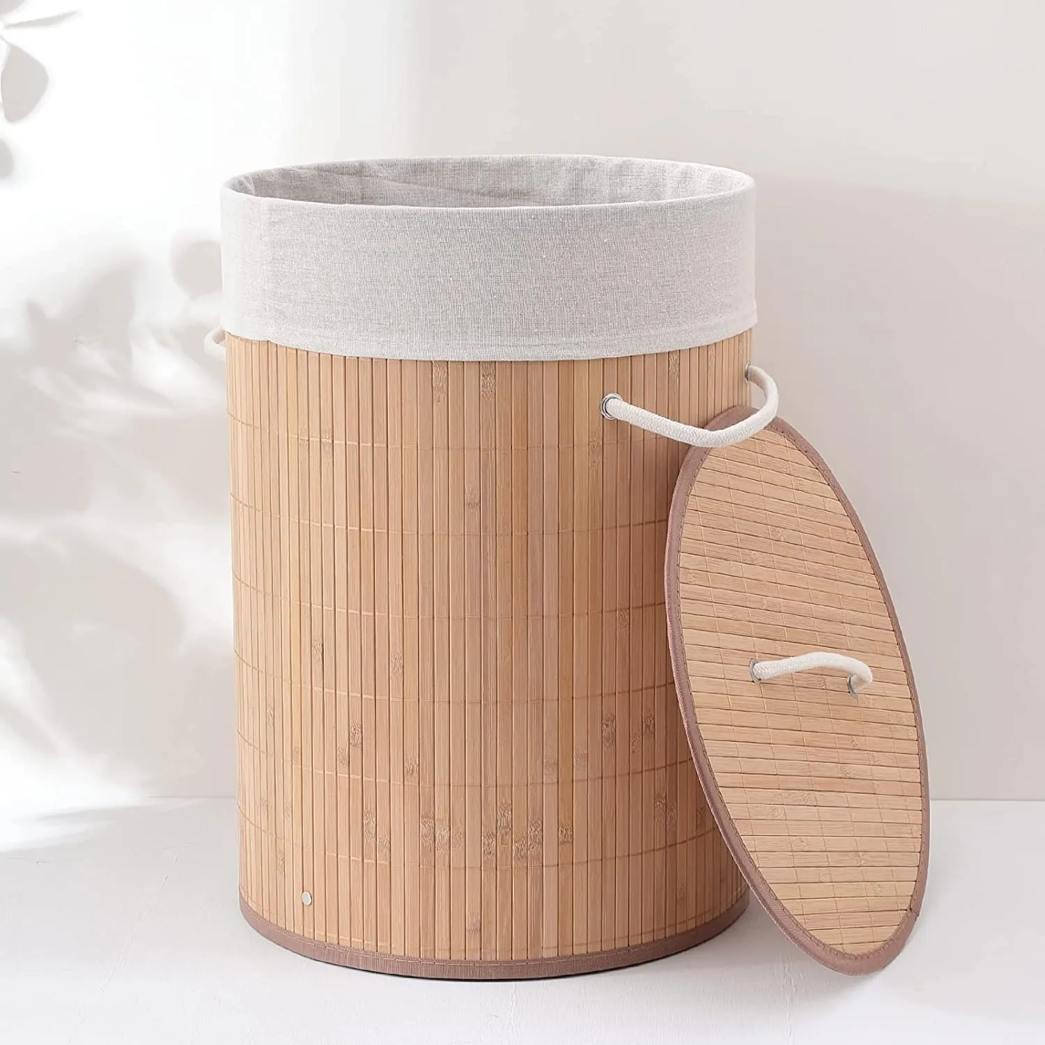 Kuber Industries Bamboo Basket With Lid|Foldable Laundry Basket For Clothes|Durable Rope Handles & Removable Bag (Natural)