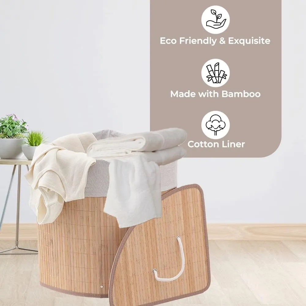 Kuber Industries Bamboo Basket With Lid|Foldable Laundry Basket For Clothes|Durable Rope Handles & Removable Bag|Natural Pack Of 5