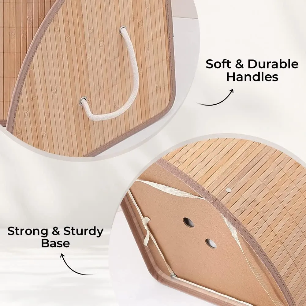 Kuber Industries Bamboo Basket With Lid|Foldable Laundry Basket For Clothes|Durable Rope Handles & Removable Bag|Natural Pack Of 5