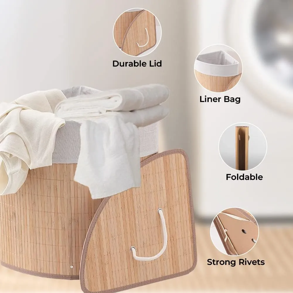 Kuber Industries Bamboo Basket With Lid|Foldable Laundry Basket For Clothes|Durable Rope Handles & Removable Bag|Natural Pack Of 5