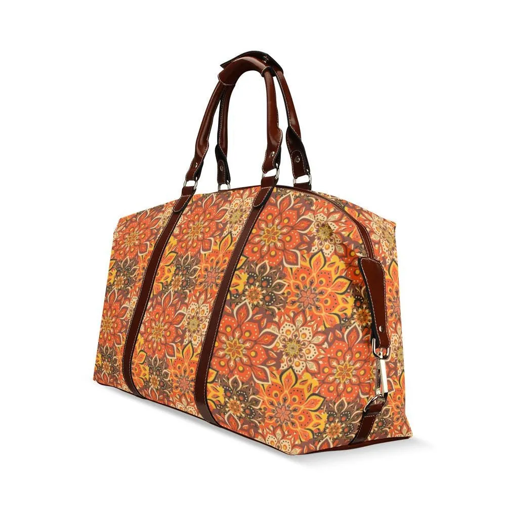 Orange Boho Bag, 70s Hippie floral Duffel Bag, Retro Travel Bag, Carry on flight Bag