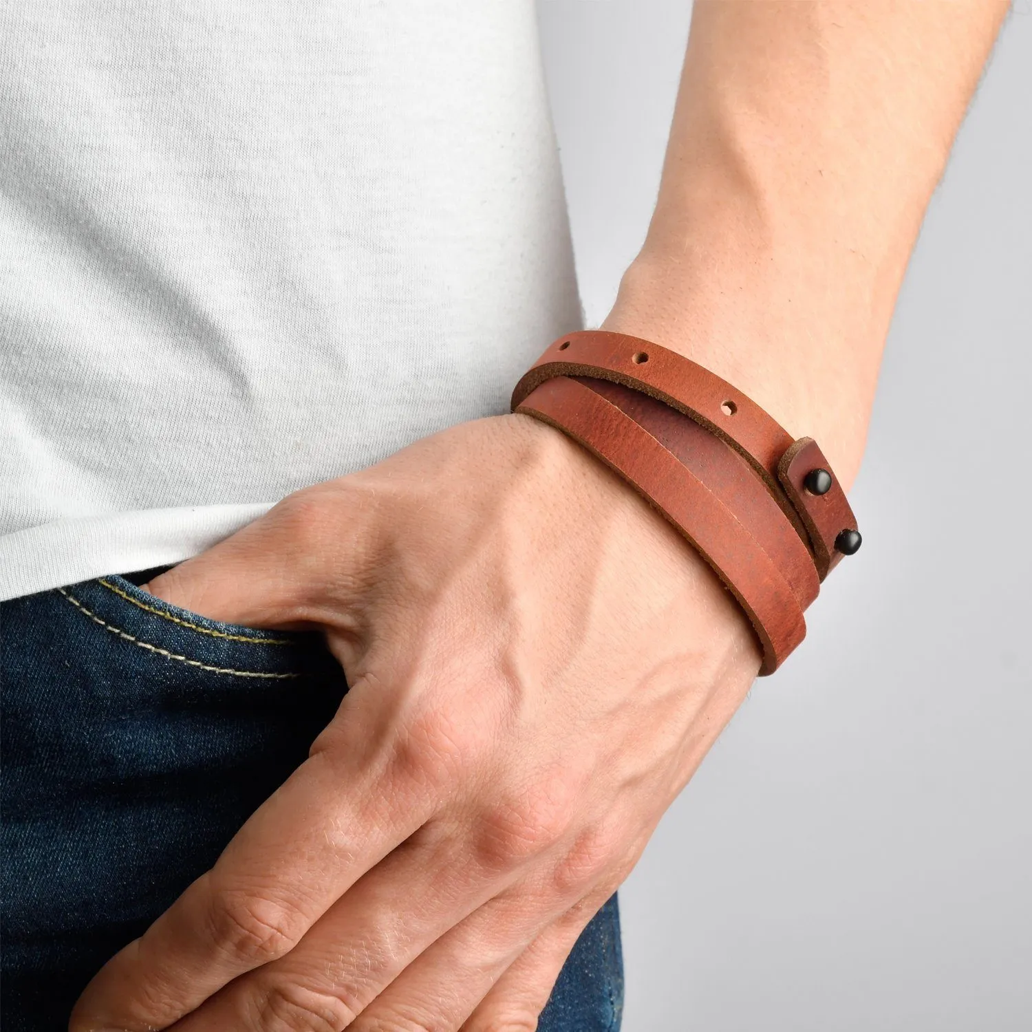 PORT SAMUI Leather Mens Womens Cuff Bracelets Designer Wrap Wristbands Antique Brown Matte Black