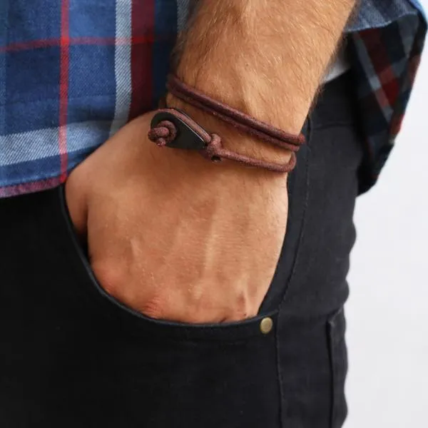 PORT SUDAN Distressed Leather Thimble Charm Bracelets Mens Womens Wrap Wristbands Brown Matte Black