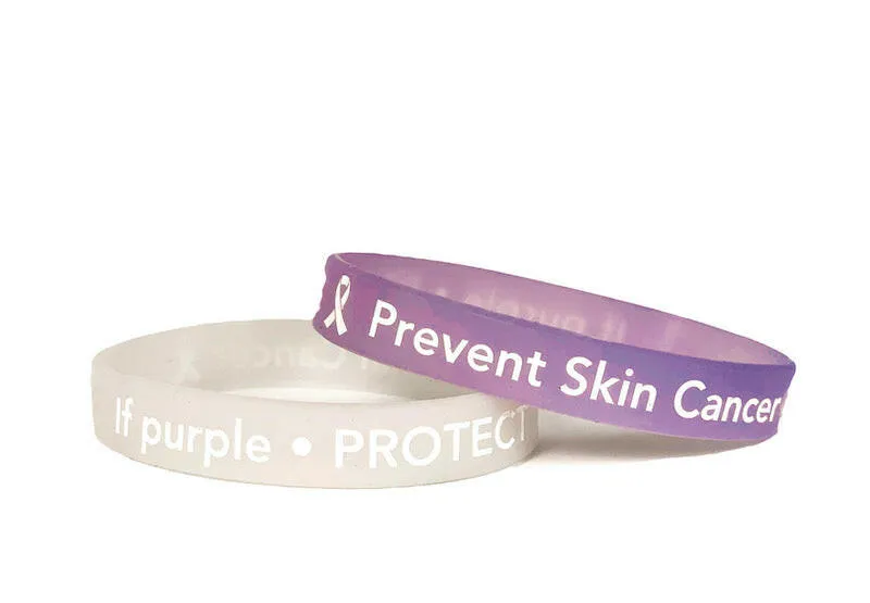 Skin Cancer Prevention UV Color Changing Wristband White Letters - Adult 8"