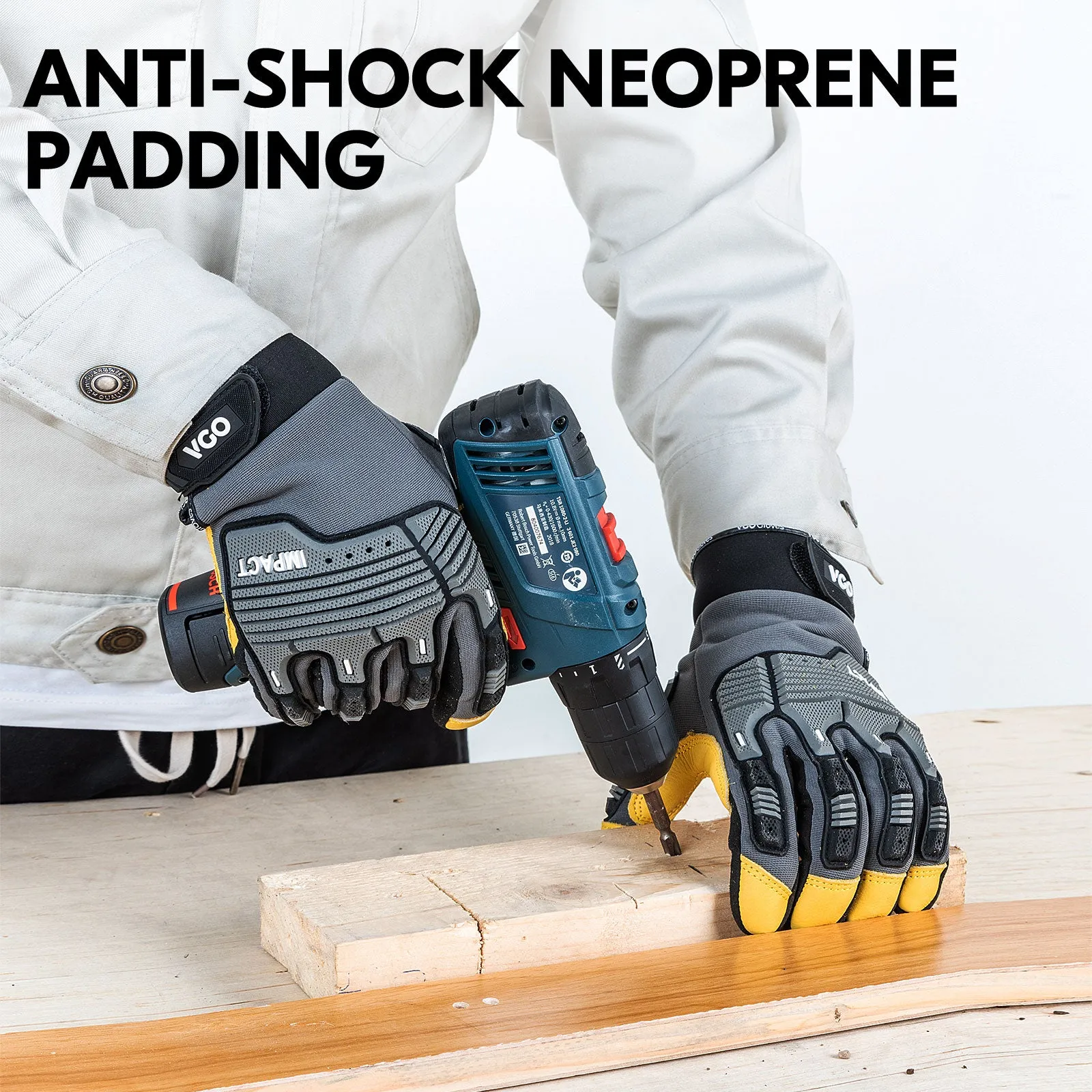 VGO 1-Pairs Safety Work Gloves, Mechanics Gloves, Impact Gloves, Anti-Vibration Gloves, Water-repellent Gloves, Heavy Duty (Grey, CA7725)